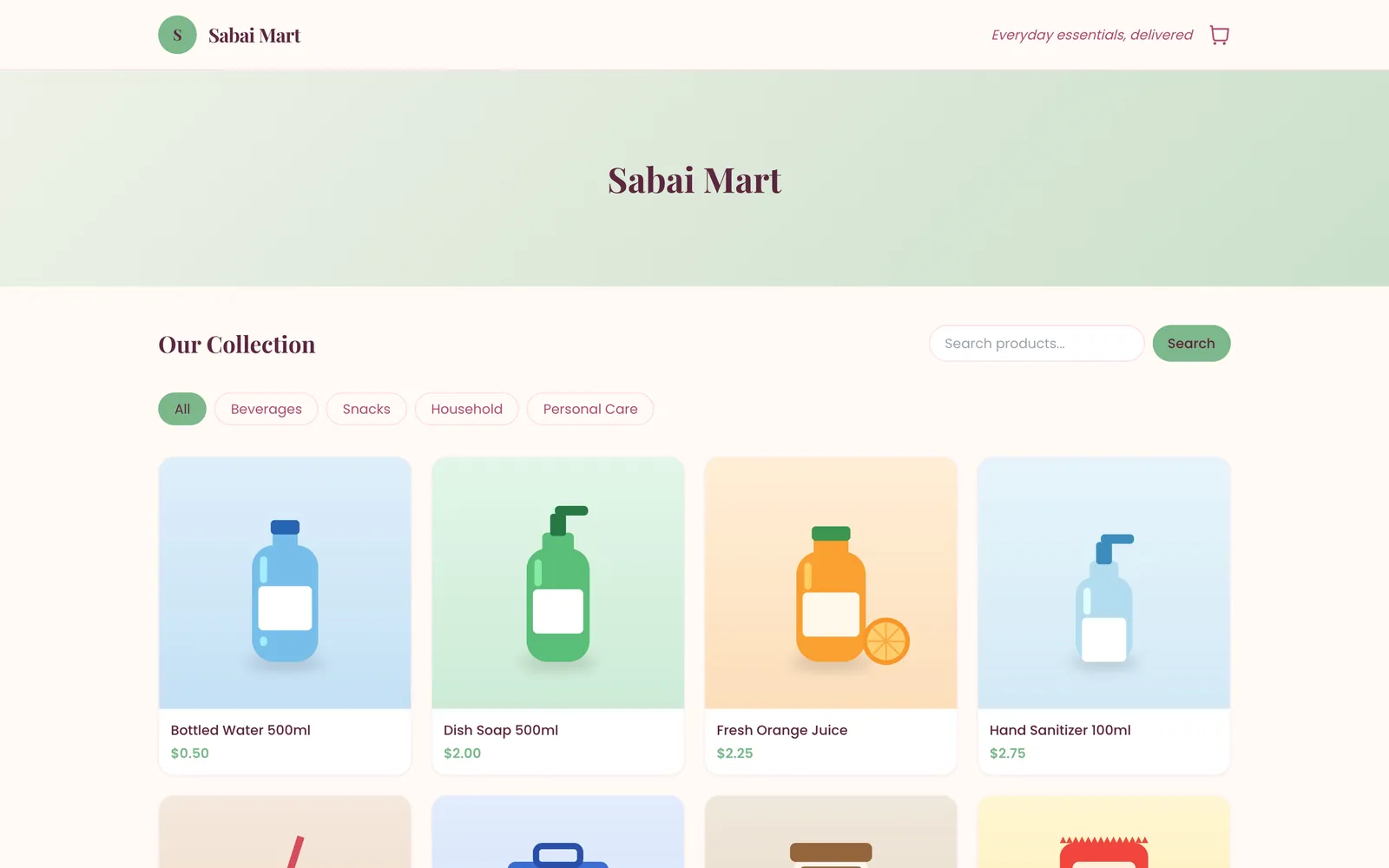 A demo business's online shop with categories, search and product cards